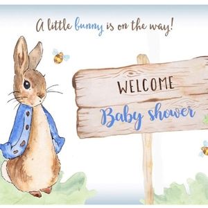 A Little Bunny is On The Way Backdrop 7x5 Blue Peter Rabbit Sweet Bee Baby Showe